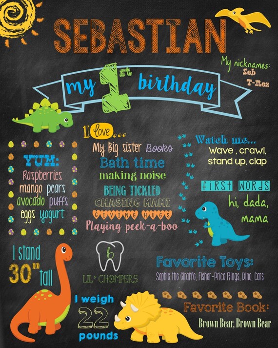 First Birthday Chalkboard Sign Dinosaur First Birthday Etsy