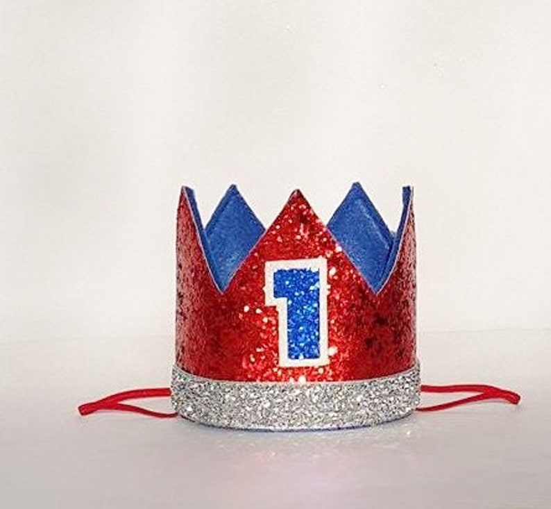 Fourth 4th of July Independence Day Red and Blue Baby First 1st Birthday Glitter Crown Hat for Cake Smash Photo Prop Pictures with Number 1