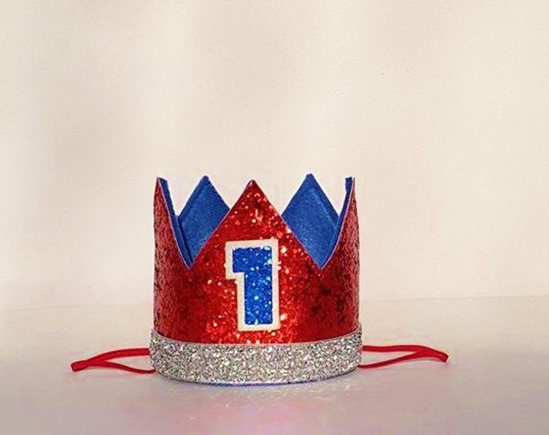 Fourth 4th of July Independence Day Red and Blue Baby First 1st Birthday Glitter Crown Hat for Cake Smash Photo Prop Pictures with Number 1