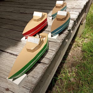 Wooden Toy Speed Boats in Green, Red, and Blue
