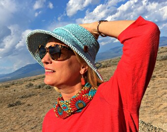 Snappy Scarf Red/Blue/Gold Multi-functional Snap on Scarf;  head scarf, neck scarf and headband by Lizzies Innovations, LLC