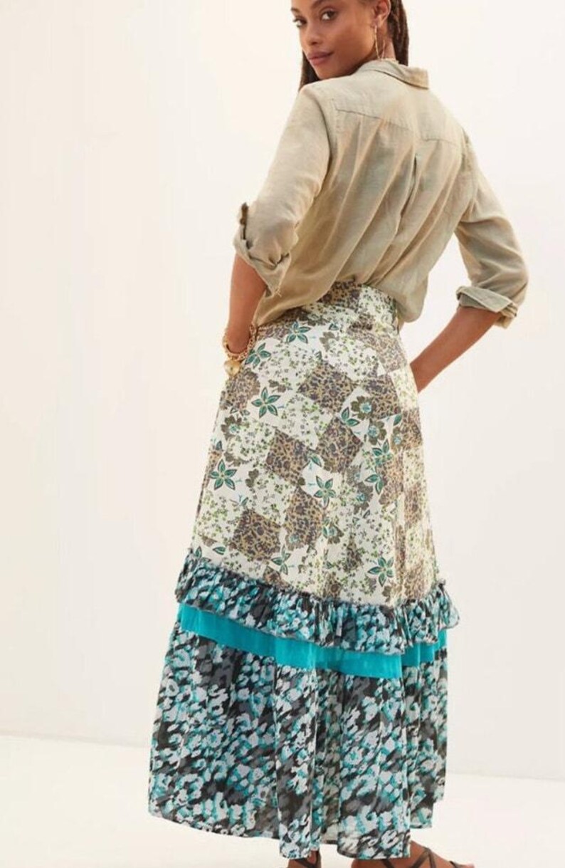 Anthropologie Raga Floral Patchwork Maxi Skirt XL Lined Tiered Ruffle Boho image 3