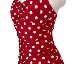 Vintage 50’s Pin Up Girl Red Polka Dot Bathing Suit Halter One Piece Medium
