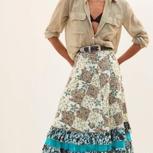 Anthropologie Raga Floral Patchwork Maxi Skirt XL Lined Tiered Ruffle Boho image 1