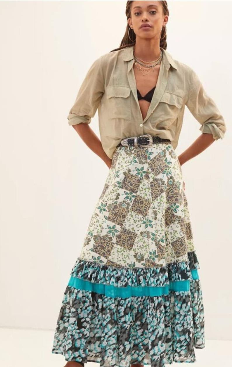 Anthropologie Raga Floral Patchwork Maxi Skirt XL Lined Tiered Ruffle Boho image 1