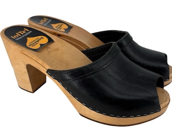 Swedish Hasbeens Toffel Grease Sky High Clog EU 41 US 11 Black Leather Mules