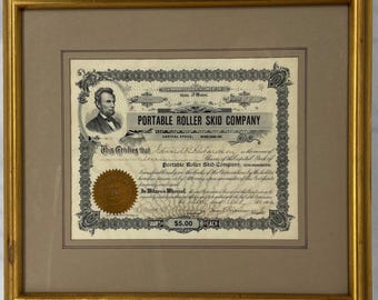 Ancien 1902 Certificat d'Actions Portable Roller Skid Company Maine encadré