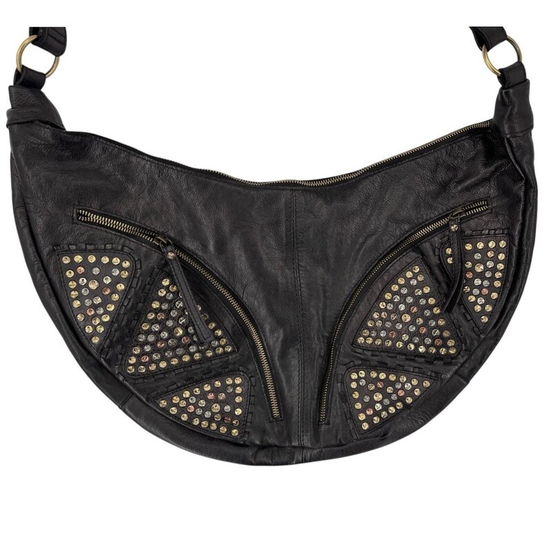 Free People West Side Studded Sling Black Leather Hobo Bag Purse Bohemian Bikercore Bild 2