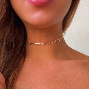May include: A gold chain choker necklace on a person's neck.