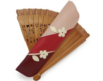 Leather fan cover, 100% handmade, Leather fan cover, Maroon/red/cream tones, Floral, Leather fan cover, red tones.