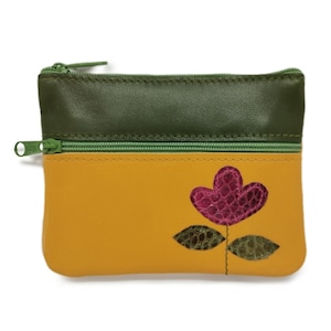 Leather wallet with zip closure (2) for cards/coins/bills, Inner lining, Green/mustard tones. Floral Leather zip wallet.