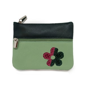 Cartera de piel con cierre de cremallera (2) para tarjetas/monedas/billetes, forro interior, tonos verdes. motivo floral Leather zip wallet.