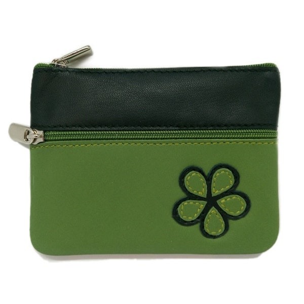 Cartera de piel con cierre de cremallera para tarjetas/monedas/billetes, forro interior, tonos verdes. motivo floral Leather zip wallet.