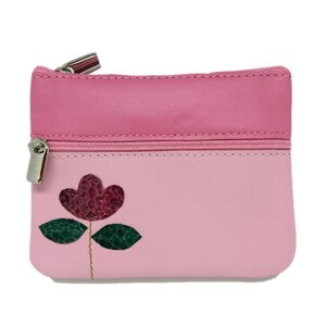 Leather zip wallet for cards/coins/bills, inner lining, pink tones with floral motif. Leather zip wallet