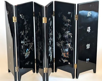 Vintage Black Lacquered Mother of Pearl Inlay 6 Panels Wooden Folding Table Screen