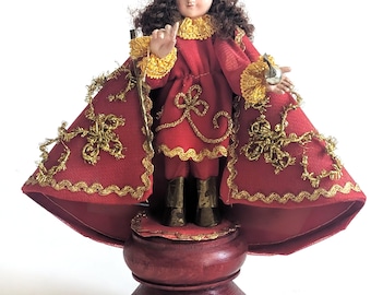 Vintage Infant Of Prague SANTO NIÑO Statue on Wooden Base