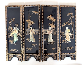 Vintage Black Lacquered Soap Stone Inlay 4 Panels Wooden Folding Table Screen