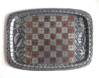 Vintage Persian Hand Chased Cooper with Silver Inlay Chess Board Tray