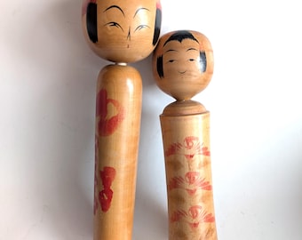 Lot of 2 Vintage Japanese Kokeshi Traditional Wooden Dolls Signed