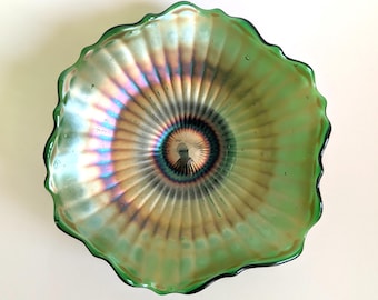 Vintage Green Iridescent Carnival Glass Bowl, Stippled Rays Pattern
