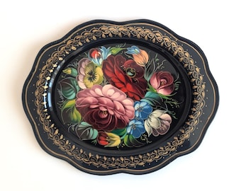 Vintage Zhostovo (Жостовo) Hand Painted Small Decorative Metal Tray Russian Folk Handicraft
