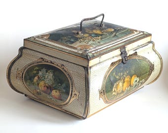 Antique Toleware Metal Biscuit Box