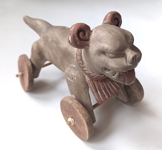 Vintage Inah Mexico Pottery Dog Wheeled Toy Hand Painted Figurine