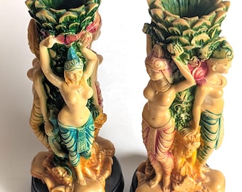 Pair of Vintage Asian Figural Resin Vases Candle Holders