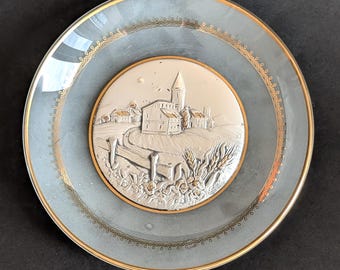 Piatto vintage Bruno Castellani in argento sterling 925 con bassorilievo su vetro satinato, Italia.