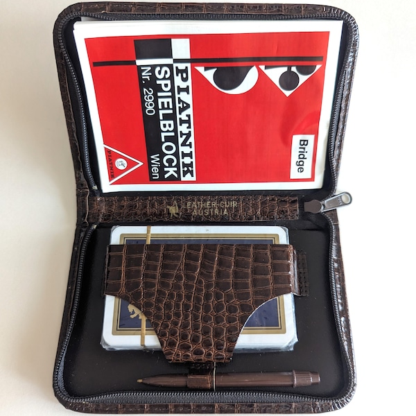 Estuche de cuero Piatnik vintage para puente, Austria