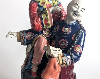 Vintage Ceramic Figurine of Married Couple Traditional Shiwan Pottery China