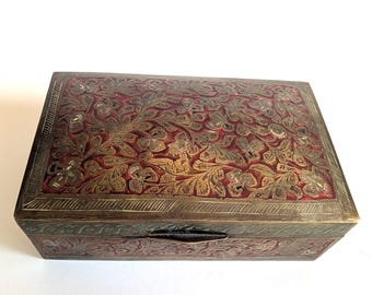 Vintage Engraved Brass & Enamel Flower Motif Cigarette Betel Leaf Box India