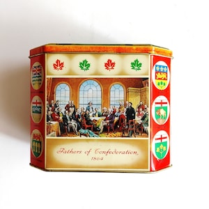 Vintage Graue Dunn Keksdose 1967 Kanadier Centennial "Fathers of Konföderation 1864"/"Landing of Jacques Cartier 1534" Schottland