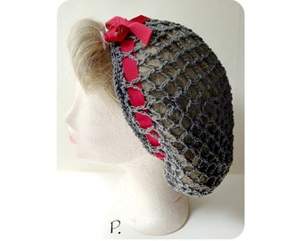 Mesh beanie, beanie, hairsnood in mesh look with cotton grosgrain ribbon / 40s-50s look / grey, red / one size