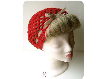 RETRO Netzbeanie; Beanie; Hairsnood im NetzLook / rot, beige / Gr.: M