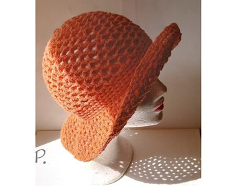 Transitional hat; summer hat; brimmed hat; crochet hat in vintage style / wool allergy friendly / orange / size: M