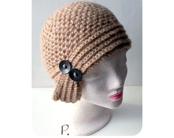 Cap; crochet hat; Cap in vintage style / wool allergy friendly / light brown / size: M