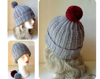 Cap; winter hat; bobble cap; Poodle cap with interchangeable pompom / wool allergy friendly / grey; Dark Red / Size.: S - M