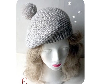 Transition hat! beret; beanie hat; Crochet hat with removable pompom / light gray / wool allergy friendly / size: S