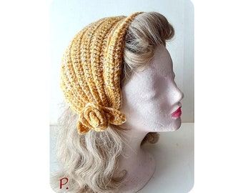 Cap; Hood; Cap; Half Hat; half hat in vintage style / removable hat decoration / mustard yellow mottled / size: M