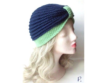 Crochet cap; Hat / Turban Style / dark blue, green / size: S - M