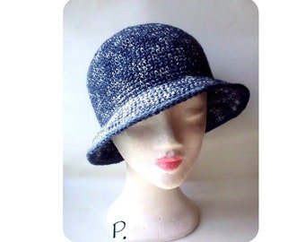 Hoed, hoed Cloche; Haak hoed in VintageStyle / jaren '20 stijl / jeansBlue gesmolten / Gr.: M