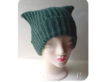 winter hat; Cap; cat hat; Cap; Crochet cap / suitable for people with wool allergies, muted green / size: M