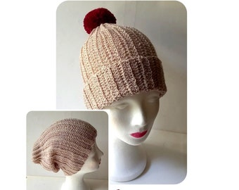 Mütze; Übergangsmütze; BommelMütze; PudelMütze, Beanie mit abnehmbarem Pompom / Beige; Dunkelrot / Gr..: S - M