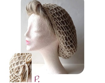 Mesh beanie, beanie, hair snood in mesh look with knitted cord / 40s-50s look / natural, gold / one size