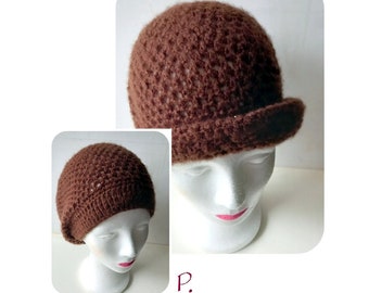 Cap; Beanie, crochet hat / wool allergy friendly / chocolate brown / size: S-M