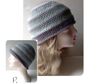 Classic winter hat; crochet hat; Cap - gray-green shades striped / unisex size: M