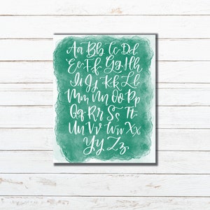 Modern Calligraphy Alphabet with green watercolor background / instant download