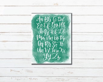 Modern Calligraphy Alphabet with green watercolor background / instant download