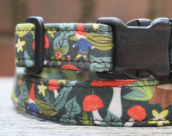 Enchanted Forest Dog & Cat Collars/Woodland Creatures/Gnome Mushroom Pattern/Dog Collars Tiny to Huge/Cat Collars/Handmade USA/Rose City Pup